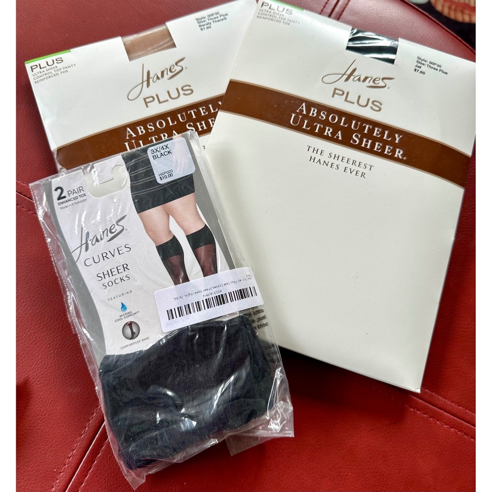 Hanes Plus Absolutely Ultra Sheer Pantyhose & Curves Sheer Socks Bundle 3X 4X